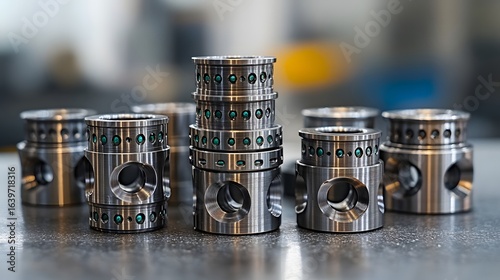 Black stainless steel bushings set with green anti-rust patterns, multi-size industrial hardware, precision machined parts on alloy table, gray backdrop.