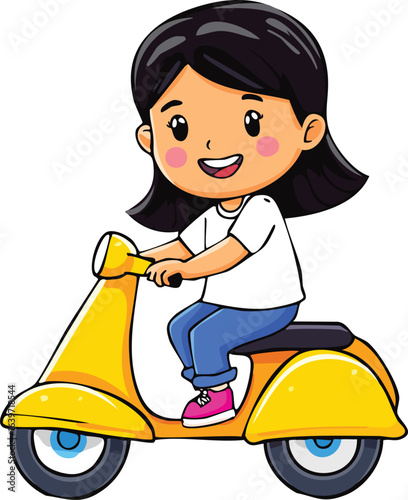 A cheerful cartoon girl joyfully riding a vibrant yellow scooter, smiling widely.