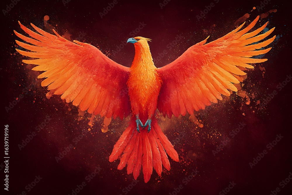 Fototapeta premium A stunning illustration of a vibrant phoenix bird with fiery wings, rising from the ashes. It symbolizes rebirth, resilience, transformation, new beginnings, and hope after adversity.