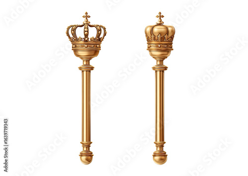Two golden scepters, each topped with a detailed crown.  Vertical, symmetrical, and elegant