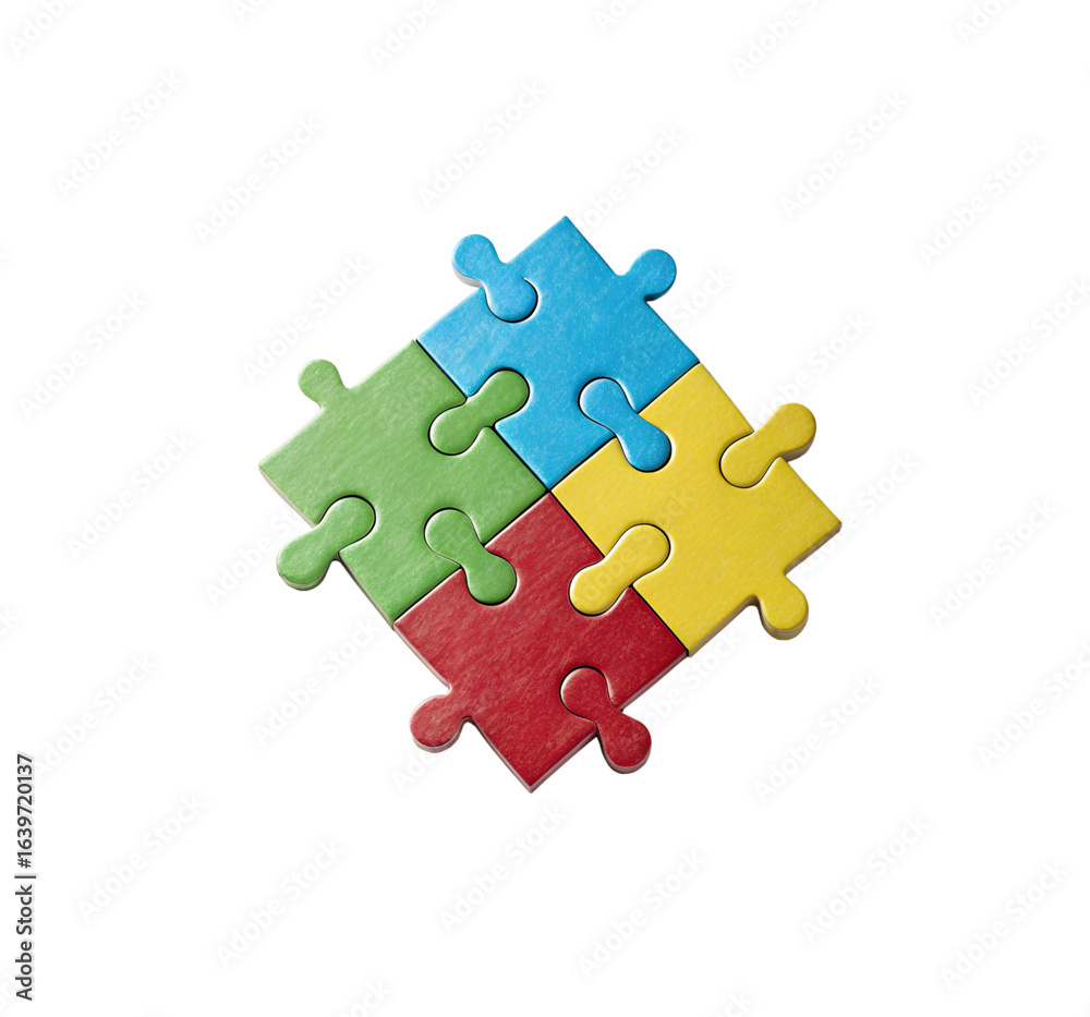 Fototapeta premium Close-Up High-Angle 3D Render of Four Interlocking Puzzle Pieces in Bright Green, Sky Blue, Cherry Red, and Sunny Yellow