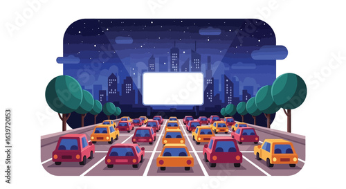 Drive in movie vector illustration with cars and city skyline