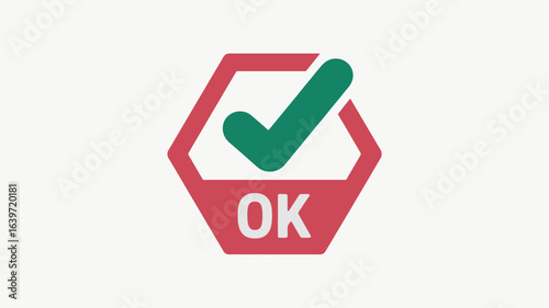 A graphic of a red hexagon with the word ok and a green check mark inside on a white background