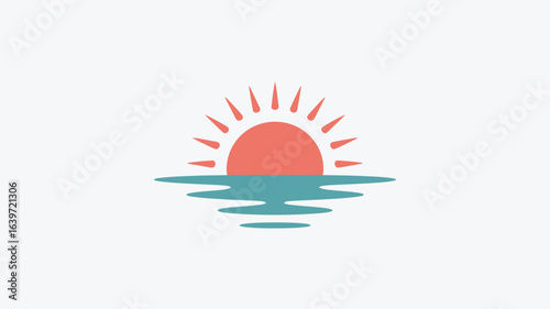 A simple illustration of a coral sun rising over stylized teal water against a white background