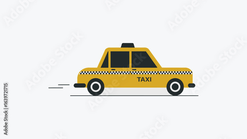 A yellow taxi cab with black and white checkered trim moving quickly on a white background surface