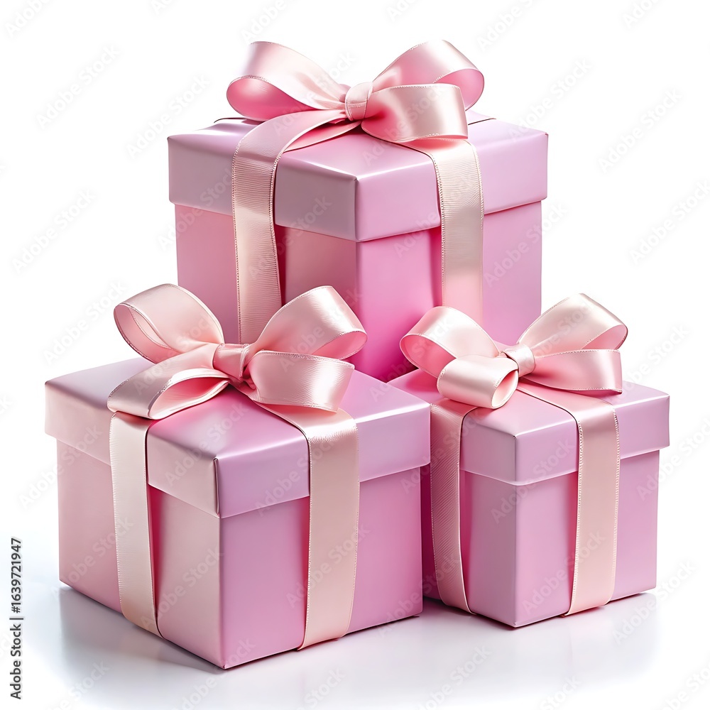 Fototapeta premium Three pink gift boxes with satin ribbon and bows, isolated on white background