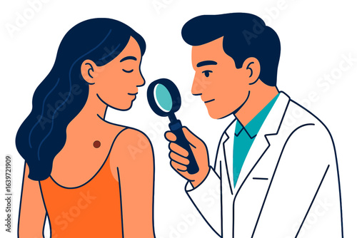 Doctor examining patient's skin with magnifying glass for lesions dermatologist examining mole