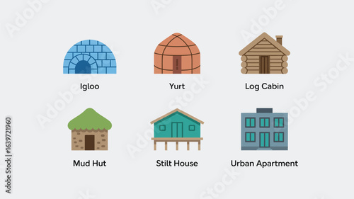 A collection of six different types of dwellings including an igloo, yurt, log cabin, and more shown