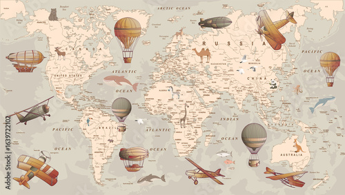 Fototapeta Naklejka Na Ścianę i Meble -  Retro style world map with airships, airplanes and balloons for children's wallpapers and backgrounds and illustrations
