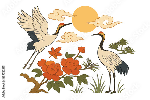 Cranes flying and standing among flowers and clouds at sunset chinese painting with cranes