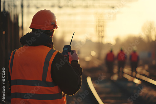 Male caucasian worker communicating on walkie-talkie at railroad construction site