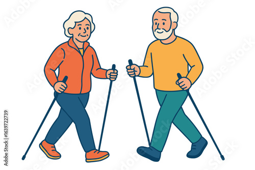 Elderly couple walking with poles during outdoor activity in autumn older adults doing Nordic