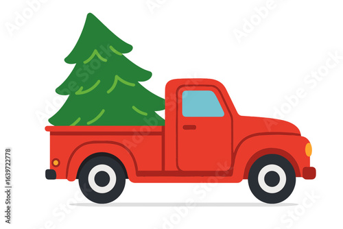 Red truck transporting Christmas tree in a minimalist style red truck with christmas tree