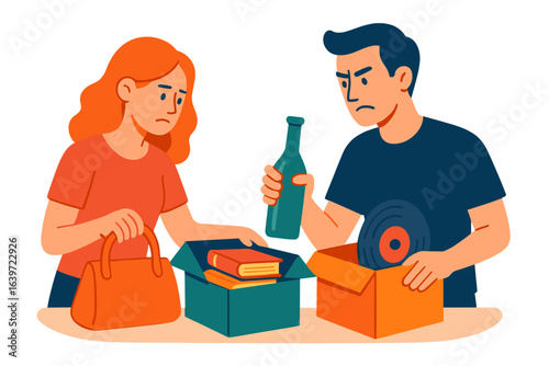 Young couple arguing while sorting items in cardboard boxes couple separating belongings
