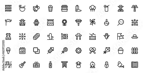 Festa Junina icon set. Brazilian festival vector collection. Includes garlands, coconut drink, quentao, popcorn, food stand, fireworks, dress, hat, drum and more. Editable colorful illustrations.