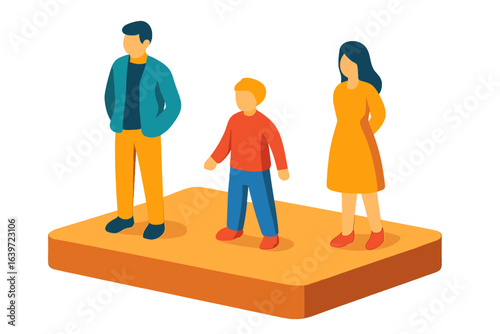 Family standing together in colorful abstract illustration miniature figures on table