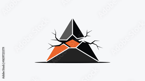 A graphic design featuring a fragmented pyramid with orange and gray sections and branch like cracks