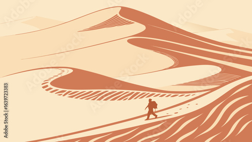 Desert hiking adventure illustration with sand dunes and backpacker for travel and tourism concepts