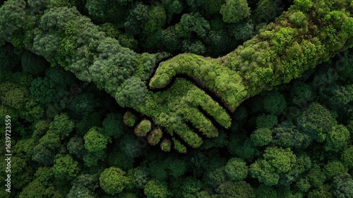 Top Down View of Hands Shaking as Green Arrow in Forest, Symbolizing Eco Collaboration, Conservation Partnership, ESG, CSR