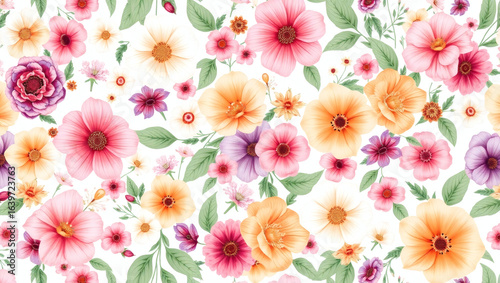Vibrant watercolor floral seamless pattern with colorful spring flowers and green leaves on a white background. Artistic botanical illustration.