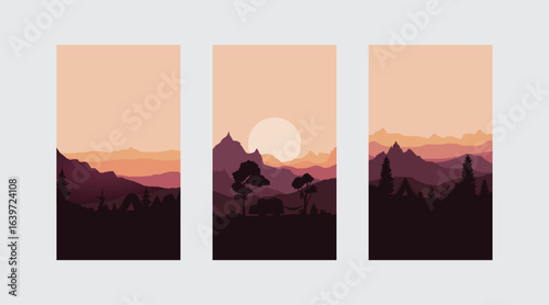 Set of three minimalist landscape illustrations featuring camping tents in a forest setting with layered mountains and a prominent sunset or sunrise, evoking a peaceful outdoor adventure.