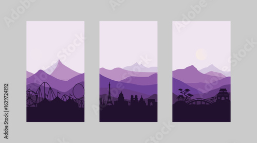 Set of three minimalist landscape illustrations featuring various landmark silhouettes in purple hues, including an amusement park
