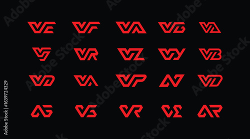 Dynamic collection of red letter combination logos, including VA, VE, VF, VL, VR, VZ, VY, VB, VD, VP, VN, VD, VG, VS, VR, VX, and VR, with a bold and angular style on a black background.
