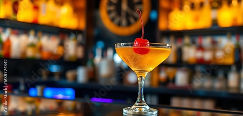 Manhattan cocktail, maraschino cherry garnish, blurred bar backdrop, liquor, spirit