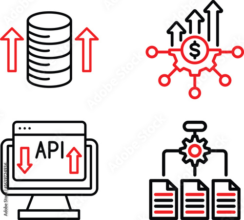 Four business and technology icons representing data finance api and workflow