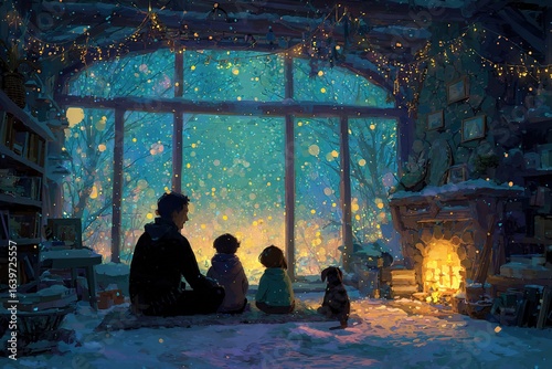 Silhouettes of a father, two children and a dog sitting on the floor in front of a large window with falling snow, looking at a cozy fireplace, Christmas and comfort