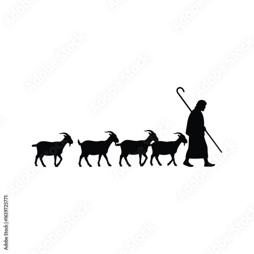 Shepherd with Goats Silhouette  Black and White Farm Animal Vector Illustration