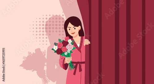 A cheerful woman behind a curtain holds a floral bouquet in a bright scene