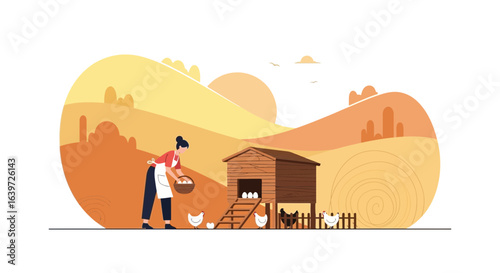 A woman gathering eggs from a chicken coop against an idyllic backdrop