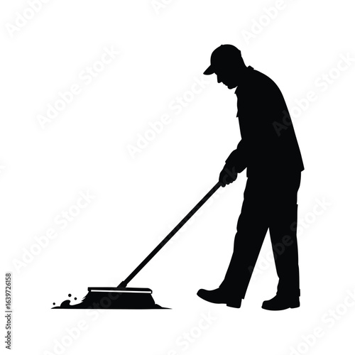 Silhouette of a janitor sweeping cleaning service maintenance worker street cleaner broom cleaning supplies janitorial