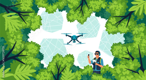 Aerial perspective of drone operations in nature amidst treetops