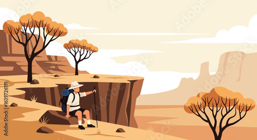Adventurer resting in canyon landscape enjoying solitude, trekking illustration
