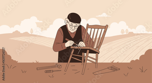 Artisan's skillful restoration of antique wooden chair with rural backdrop