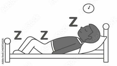 Sleeping man in bed illustration for sleep hygiene tips and healthy sleep habits and bedtime routine guide