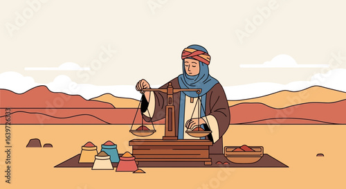 Artisanal spice merchant meticulously weighing product in desert setting