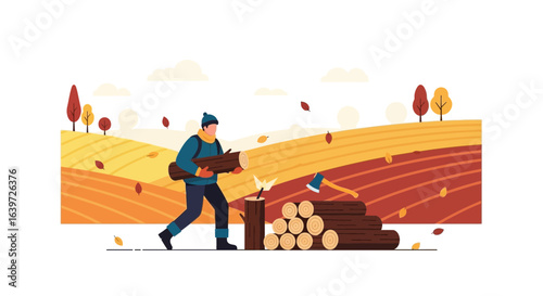 Autumn logging scene featuring a man carrying logs, with a rural backdrop