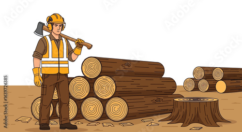 A lumberjack next to a pile of cut logs, timber harvesting illustration