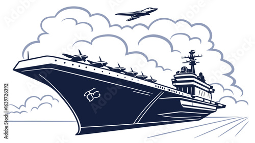 Aircraft carrier vector illustration with fighter jet and clouds navy ship design element art