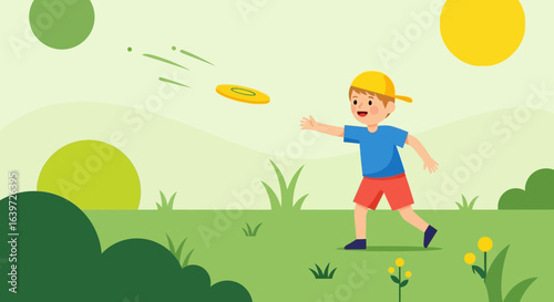 Boy having fun throwing a frisbee outdoors on a grassy lawn illustration