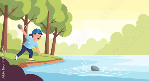 Captivating illustration of child throwing stones in water near lush forest