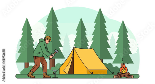 Camping scene in the woods, man setting up tent near campfire illustration
