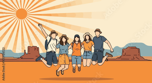 Adventurous group jumping with glee amidst desert landscape background