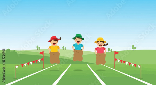Animated characters participate in a playful sack race under a bright sky