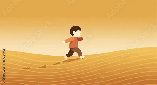 Animated child bravely running through a whimsical dreamscape scenery