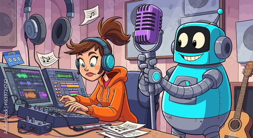 Cartoonish illustration of a woman and a robot creating music together