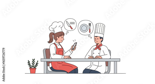 Chefs planning culinary experience together with a modern mobile application